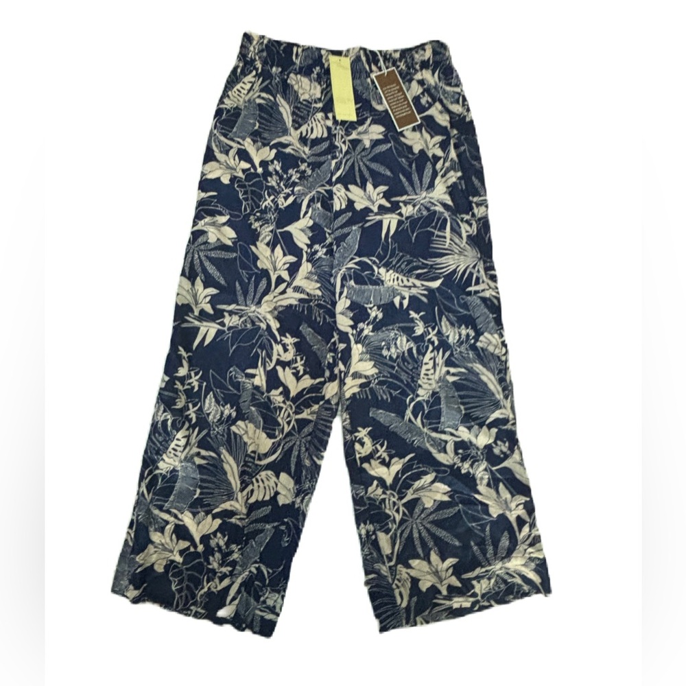 Panama Jack Navy Blue & Cream Floral Tropical Linen Palazzo Wide Leg Pants M
